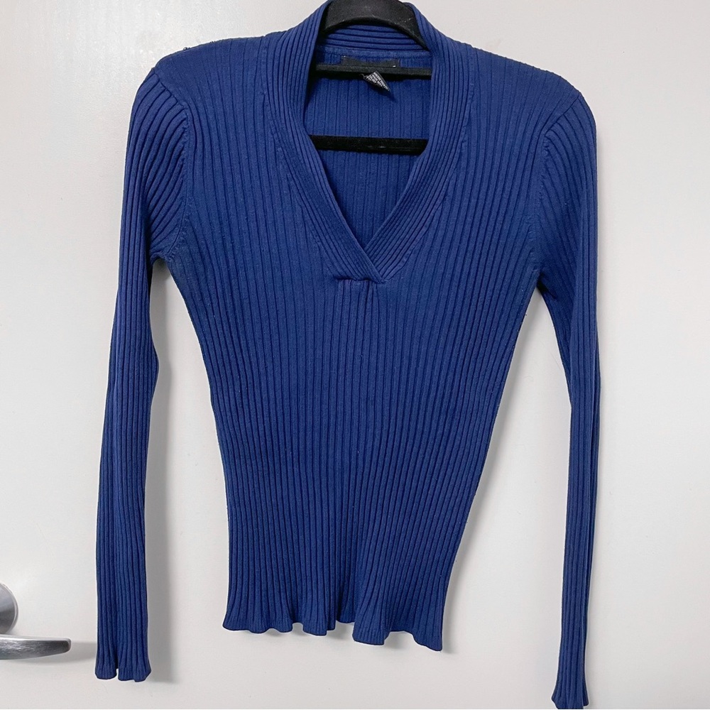 Grace Blue V-Neck Knit Cowl Neck Sweater - Ribbed, Fitted, Long Sleeve (L)